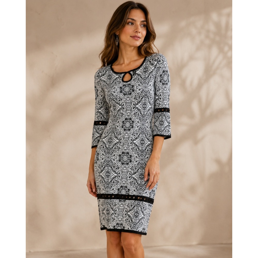 Black White Geometric Knit Midi Dress Cutout Trim Artsy Boho